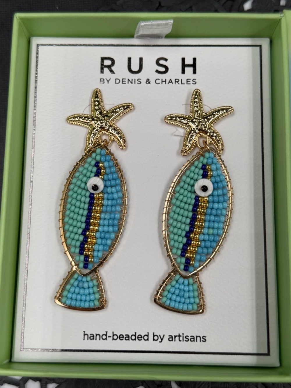 RUSH Denis & Charles VIRAL Beaded Fish Earrings Starfish Coastal Statement NWT